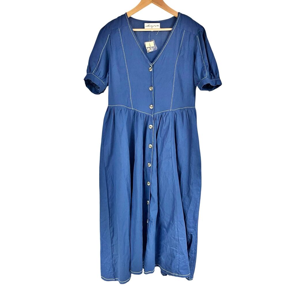 WISHING WAVES NWT Retro Button-Front Cotton Dress Blue w/ White Stitching 1X
